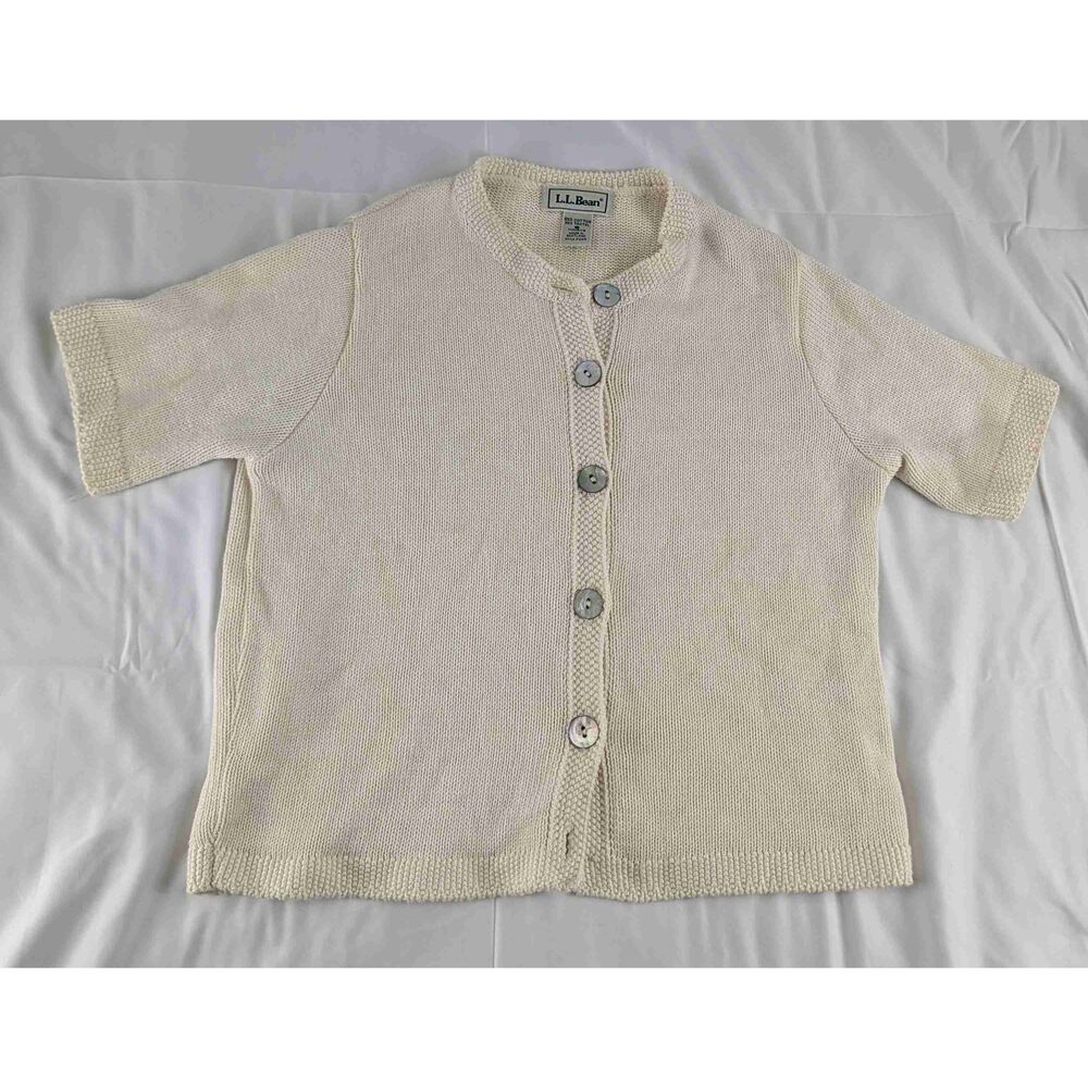 LL Bean Womens Ivory Button Up Crew Neck Cardigan FW46 Style Size Small